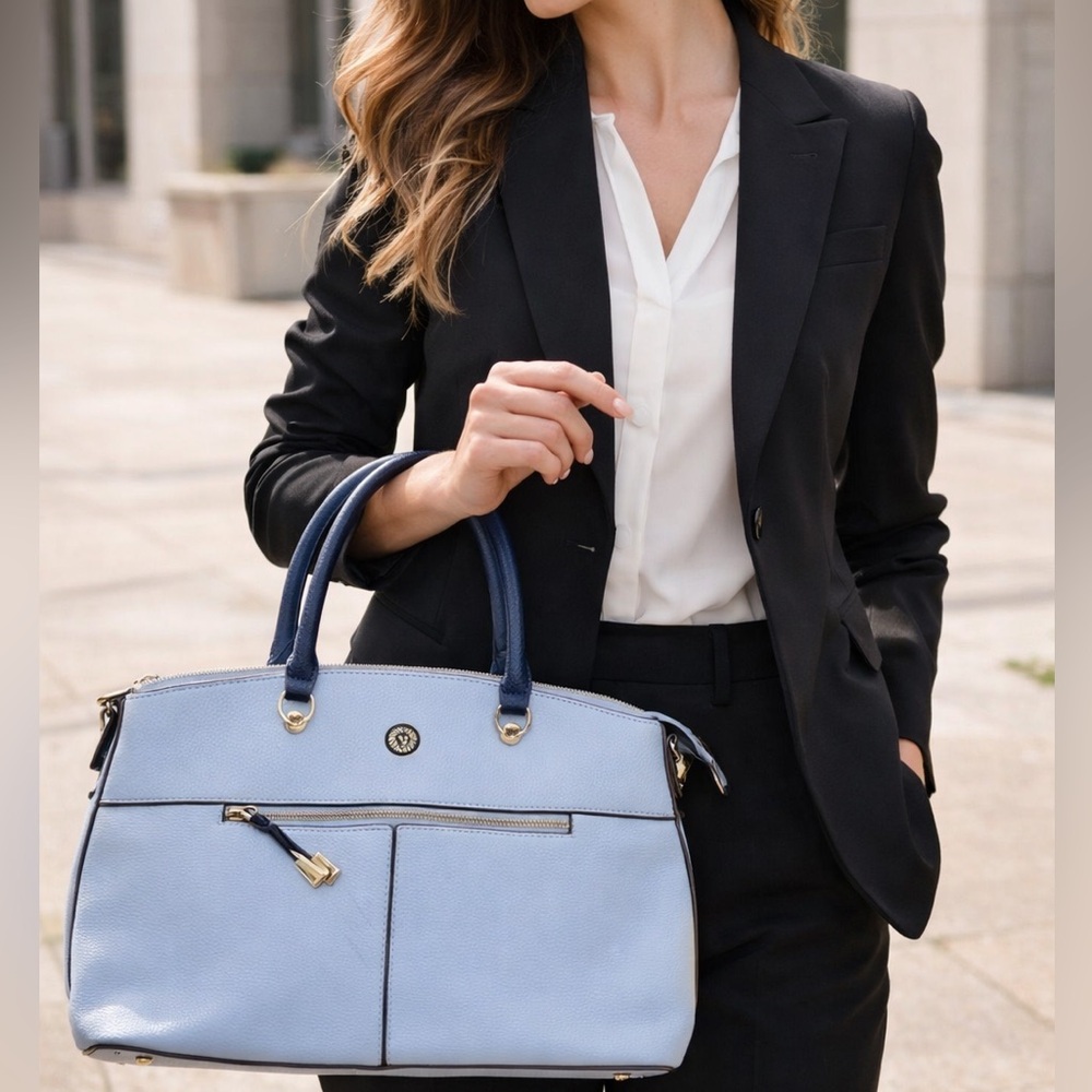 Anne Klein Dome Blue Two-Tone Leather Satchel Bag New